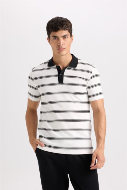 Slim Fit Dar Kesim Polo Yaka Çizgili Kısa Kollu Tişört