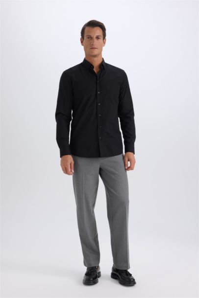 Slim Fit Polo Collar Poplin Long Sleeve Shirt