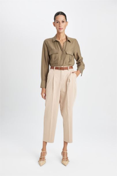 Oversize Fit Basic Double Pocket Long Sleeve Viscose Shirt