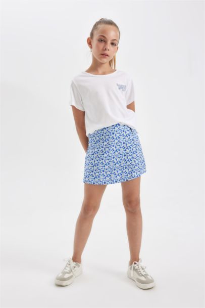 Ensemble : T-Shirt à Manches Courtes et Jupe-Short en Viscose à Fleurs pour Fille