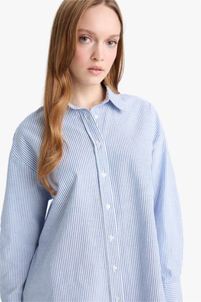 Relax Fit Striped Oxford Basic Long Sleeve Shirt Tunic