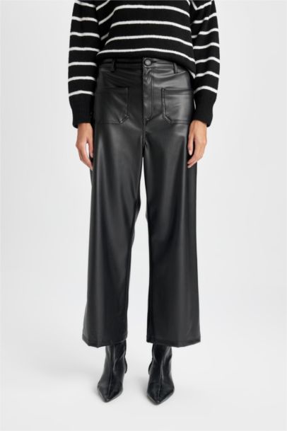 Culotte Fit Wide Leg Double Pocket Faux Leather Trousers