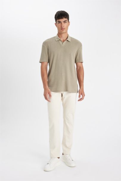 Regular Fit Kısa Kollu Dokulu Triko Polo Tişört