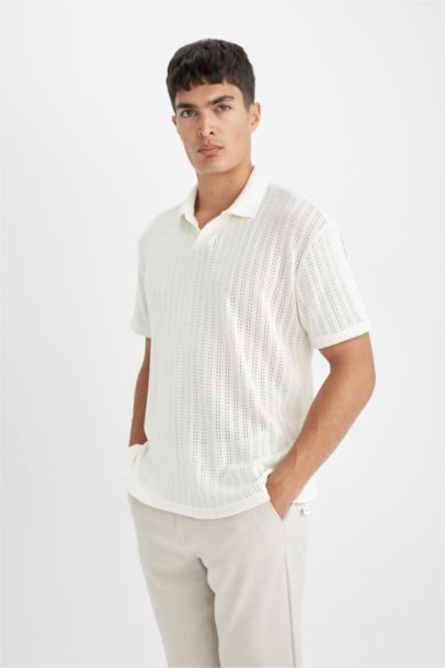 Regular Fit Kısa Kollu Dokulu Triko Polo Tişört