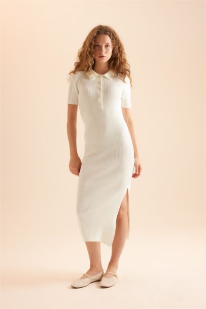 Fitted Polo Yaka Kısa Kollu Yırtmaçlı Midi Triko Elbise