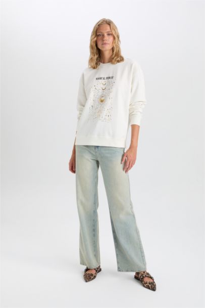 Sweat-shirt à col rond imprimé, en tissu fin à Coupe décontractée