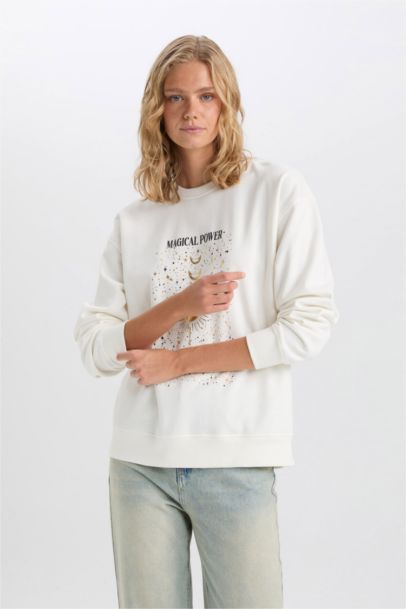 Sweat-shirt à col rond imprimé, en tissu fin à Coupe décontractée