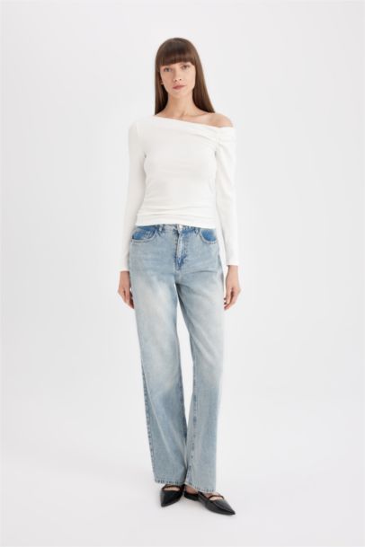 تيشيرت كم طويل سامبل مضلع سليم فيت بكتف واحد