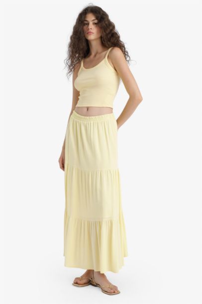 Crinkle Viscose Cotton Lined High Waist Maxi Skirt