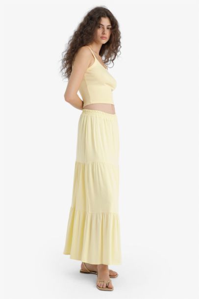 Crinkle Viscose Cotton Lined High Waist Maxi Skirt