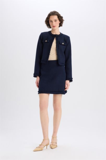 Crop Bisiklet Yaka Tweed Blazer Ceket