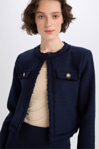 Crop Bisiklet Yaka Tweed Blazer Ceket