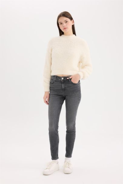 Pantalon Jean skinny droit taille haute à effet délavé