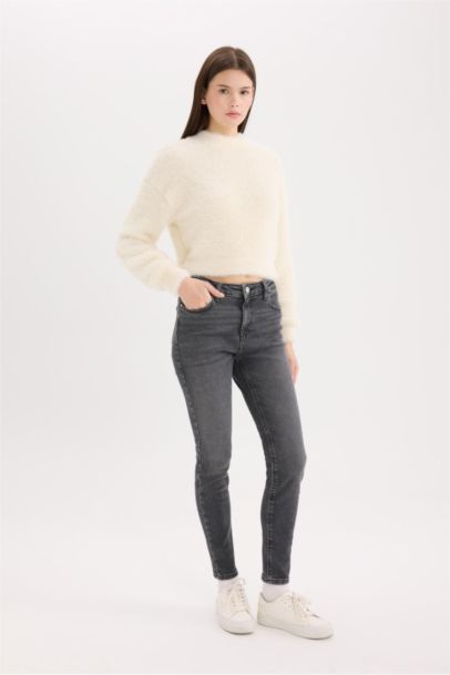 Pantalon Jean skinny droit taille haute à effet délavé