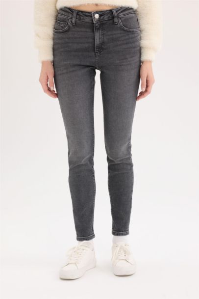 Pantalon Jean skinny droit taille haute à effet délavé