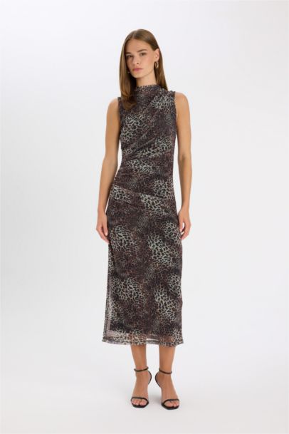 Bodycon Crew Neck Leopard Tulle Sleeveless Maxi Dress