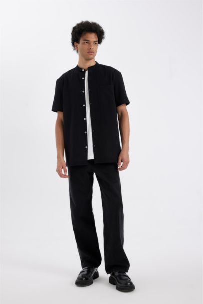 Regular Fit Stand Collar Cotton Short Sleeve Shirt