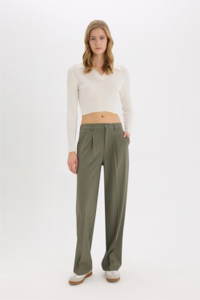 بنطرون مخطط برجل واسع وايد ليج وخصر عادي