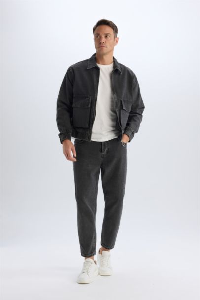 جاكيت جينز قصة مريحة بجيب وياخة بولو