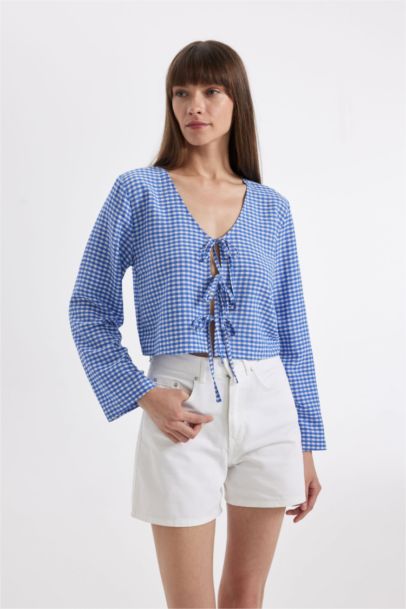 Regular Fit V Neck Crinkle Long Sleeve Blouse