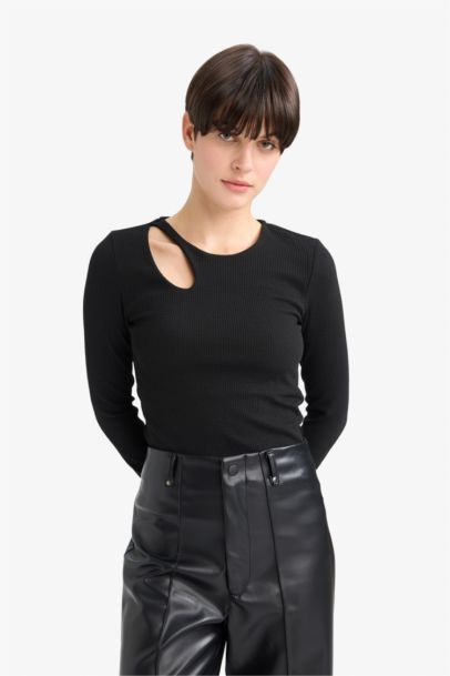 Slım Fıt Bisiklet Yaka Fitilli Kaşkorse Uzun Kollu Tişört