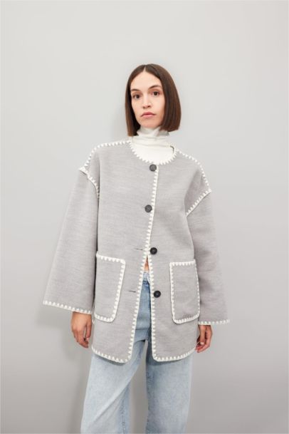 Relax Fit Cepli Düğmeli Çoban Dikişli Kaşe Mont