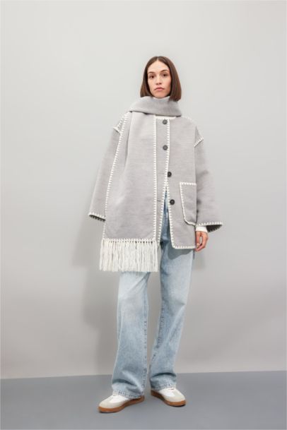 Relax Fit Cepli Düğmeli Çoban Dikişli Kaşe Mont