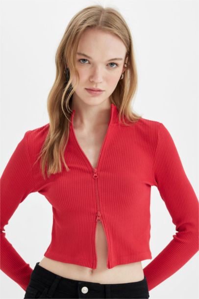 Fitted Dik Yaka Basic Düz Fermuarlı Fitilli Kaşkorse Crop Kırmızı Hırka