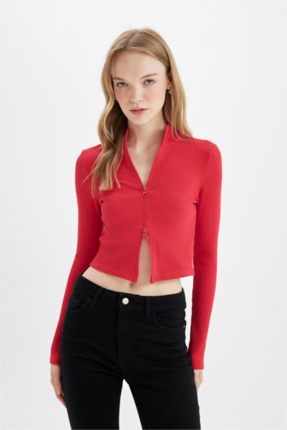 Fitted Dik Yaka Basic Düz Fermuarlı Fitilli Kaşkorse Crop Kırmızı Hırka