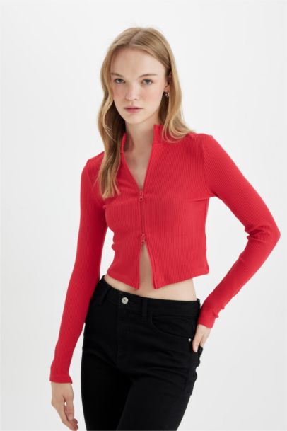 Fitted Dik Yaka Basic Düz Fermuarlı Fitilli Kaşkorse Crop Kırmızı Hırka