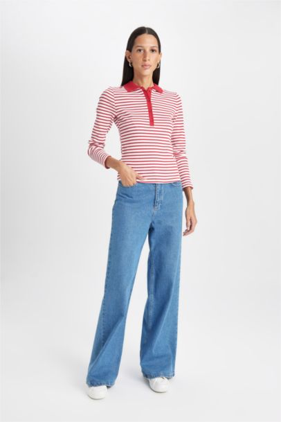 Slim Fit Dar Kesim Polo Yaka Düğmeli Çizgili Fitilli Kaşkorse Uzun Kollu Tişört