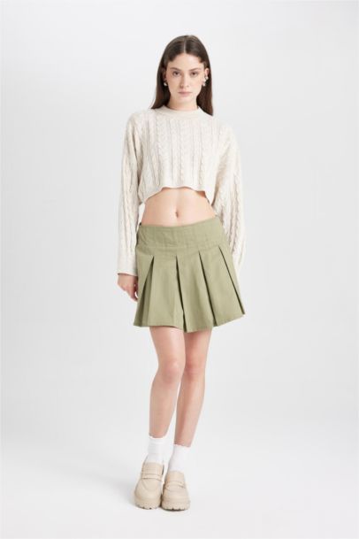 Pleated Normal Waist Gabardine Mini Skirt