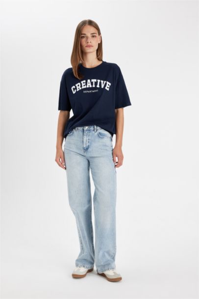 تيشيرت نص كم واسع برقبة مستديرة