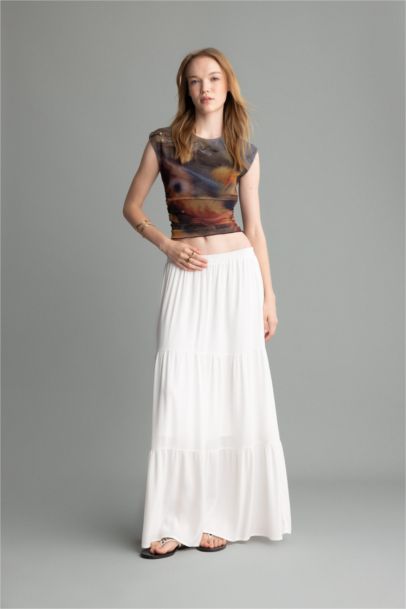 Fitted Body-fitting Crew Neck Patterned Gathered Detailed Tulle T-Shirt