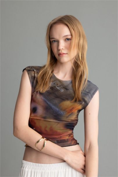 Fitted Body-fitting Crew Neck Patterned Gathered Detailed Tulle T-Shirt