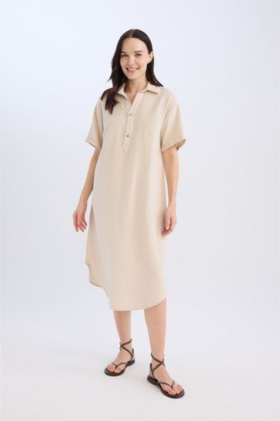 Robe Tissée À Manches Courtes en Mousseline avec Col Polo