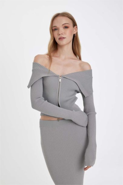 Slim Fit Open Shoulder Basic Zippered Knitwear Cardigan