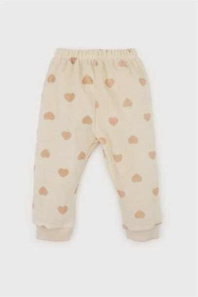Baby Girl Heart Patterned Velour Top Bottom 2 Piece Pajama Set