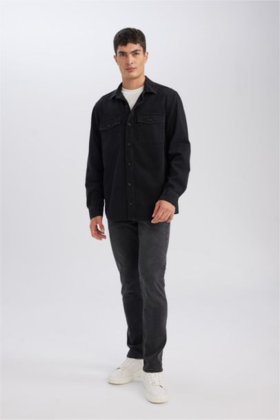 Black Regular Fit Polo Neck Denim Basic Shirt