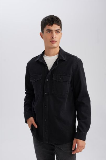 Black Regular Fit Polo Neck Denim Basic Shirt