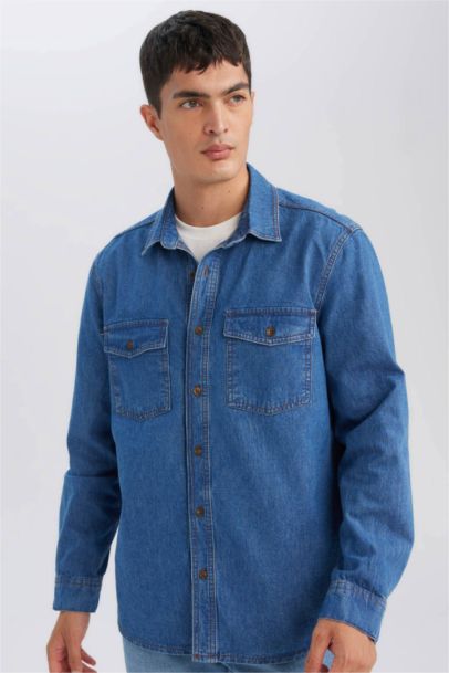 Regular Fit Polo Neck Denim Basic Shirt