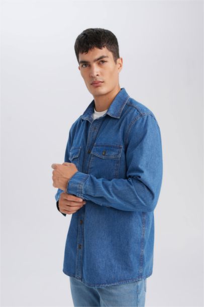 Regular Fit Polo Neck Denim Basic Shirt