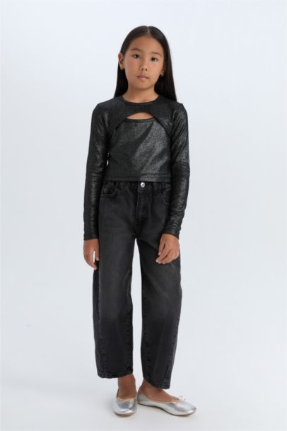 تي شيرت بناتي كم طويل مضلع سليم فيت