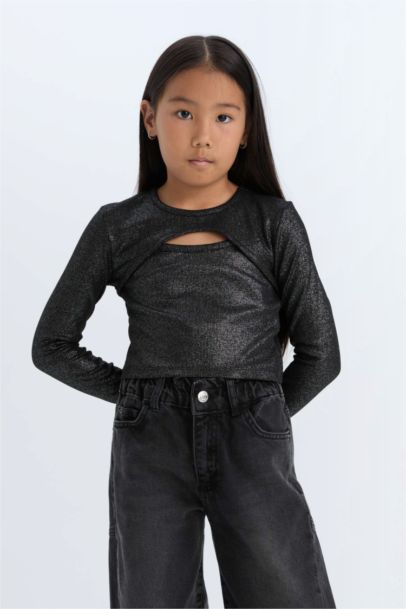 تي شيرت بناتي كم طويل مضلع سليم فيت