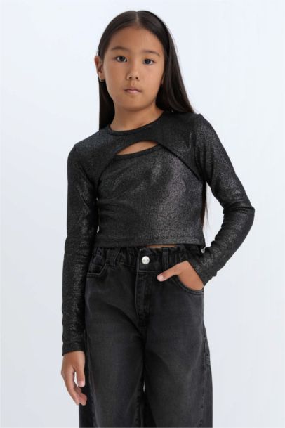 تي شيرت بناتي كم طويل مضلع سليم فيت