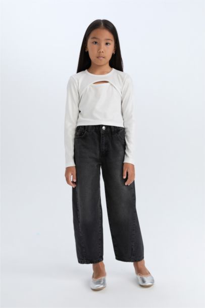 Slim Fit Dar Kesim Bisiklet Yaka Parlak Kumaş Fitilli Kaşkorse Uzun Kollu Tişört Kız Çocuk