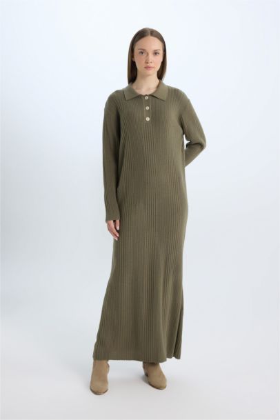 فستان طويل كم طويل قصة عادية برقبة بولو