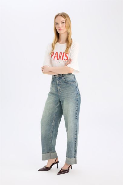 Jean large Taille haute à effet délavé avec ourlet replié