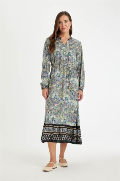 Regular Fit Apaş Yaka Desenli Düğmeli Uzun Kollu Maxi Elbise