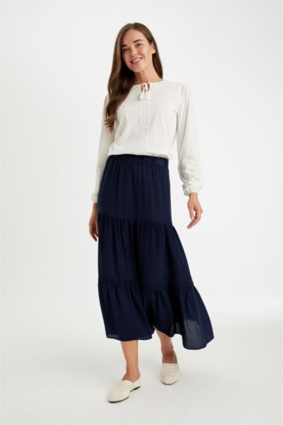 Regular Fit Beli Lastikli Kiloş Siyah Krinkıl Viskon Maxi Etek